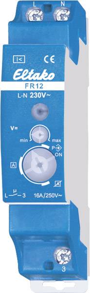 Blaues Eltako FR12 Relais-Modul mit Drehregler für Spannungsanpassung und LEDs zur Statusanzeige, geeignet für 230V AC, 16A/250V~.