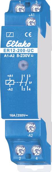 Ein blaues elektrisches Relais von Eltako, Modell ER12-200-UC, geeignet für Spannungen von 8 bis 230V mit mehreren Anschlussklemmen.