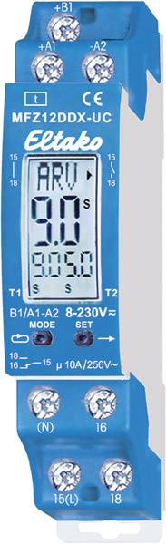 Ein digitales Multifunktions-Zeitrelais in blauer Farbe, Modell 'Eltako MFZ12DDX-UC', mit LCD-Anzeige und mehreren Anschlüssen.