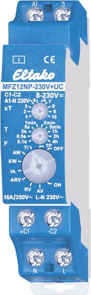Zeitrelais-Modul, blau, für Hutschiene. Markenname oben, Ein-/Ausgangsklemmen an den Seiten. Zeit- und Funktionsschalter in der Mitte.