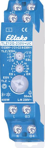 'Eltako TLZ12G-230V+UC' Zeitschaltrelais, blau, mit diversen Anschlüssen und Drehregler. Geeignet für 230V Systeme, CE-zertifiziert.