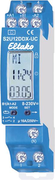 Digitaler Zeitschaltuhrschalter in einem blauen Gehäuse mit Display zeigt Datum und Uhrzeit. Markierung 'Eltako' oben.
