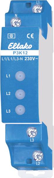 Blauer Stromschalter mit der Aufschrift 'Eltako P3K12 L1/L1/L3-N 230V~'. Drei Anschlüsse oben und unten, gekennzeichnet mit L1, L2, L3, und N.