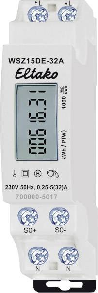 Digitaler Stromzähler von Eltako, Modell WSZ15DE-32A, zeigt Kilowattstunden an. Spannung: 230V, 50Hz, Strom: 0,25-5(32)A.