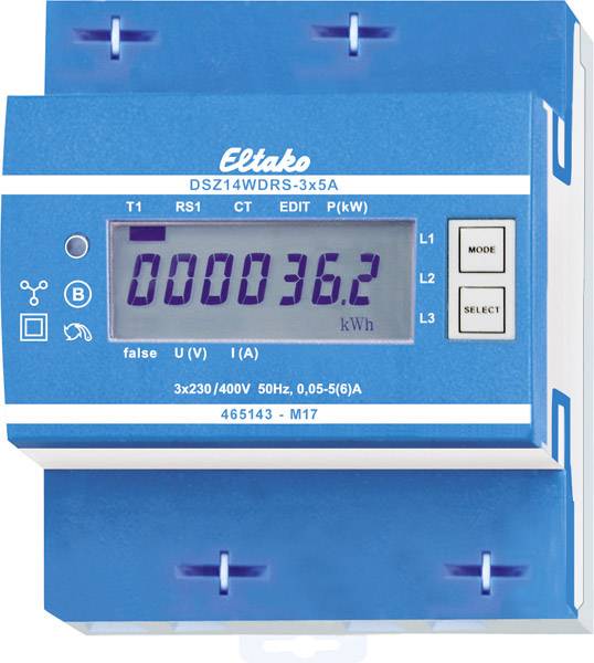 Ein blauer elektronischer Stromzähler mit der Anzeige '00036.2 kWh'. Es gibt Tasten für Einstellungen und Modi auf der Vorderseite.