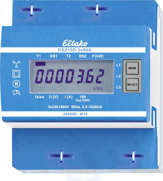 Blauer Stromzähler mit digitalem Display, das '0003.62 kWh' anzeigt. Markiert mit 'Eltako DSZ15D-3x80A'. Umfangreiche Tasten rechts.