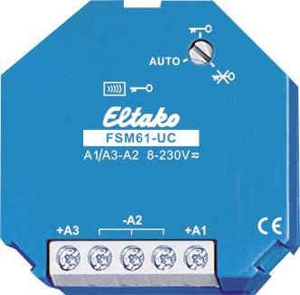 Blaues Eltako FSM61-UC Relaismodul mit Schraubbefestigungen und Automatikmodus-Schalter, nutzbar für elektrische Installationen.