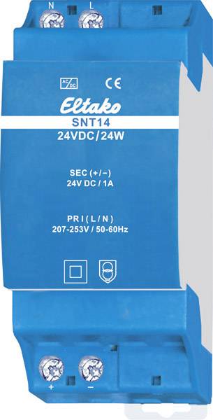 Blaues Relais mit Aufschrift 'Eltako SNT14', Spannungen von 24VDC/24W und 207-253V/50-60Hz, mit Anschlüssen für elektrische Verkabelung.