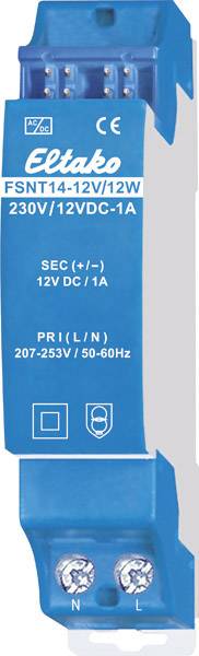Blaues Eltako Netzteil, Modell FSNT14-12V/12W, 230V/12VDC-1A. Primäre Spannung: 207-253V, sekundäre Spannung: 12V DC/1A.