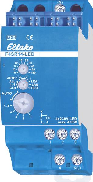 Ein blauer Eltako F4SR14-LED Stromstoßschalter mit Drehregler, Schaltplan und technischen Spezifikationen für LED-Leuchten.