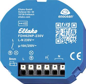 Elektronischer Aktor von Eltako, Modell FDH62NP-230V, 230V, 10A/250V~. Gehäuse zeigt Markenlogo, Firmenadresse und CE-Zeichen.
