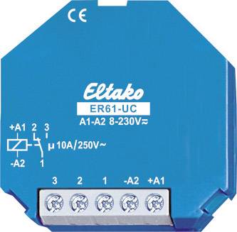 Einblauer Eltako Relais-Schaltaktor, Modell ER61-UC, für 8-230V bei 10A/250V~. Zeigt Anschlussklemmen und elektrische Symbole.