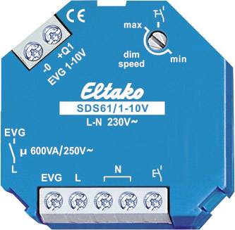 Blauer Dimmer-Einsatz für elektronische Vorschaltgeräte von Eltako, Modell 'SDS61/1-10V', geeignet für 230V, mit Anschlüssen.