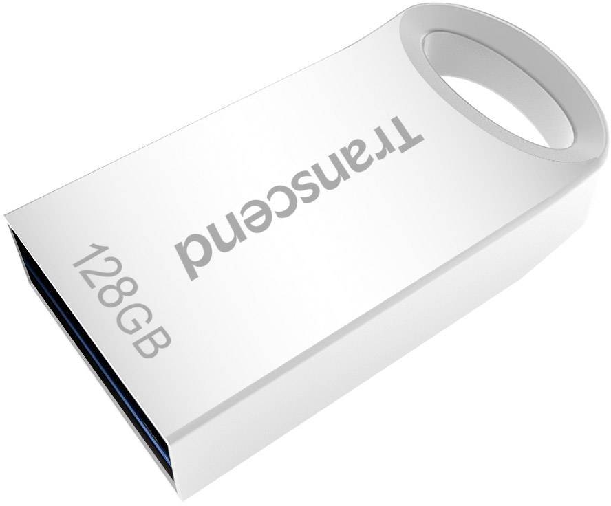Ein weißer USB-Stick mit der Aufschrift 'Transcend' und einer Kapazität von 128GB.