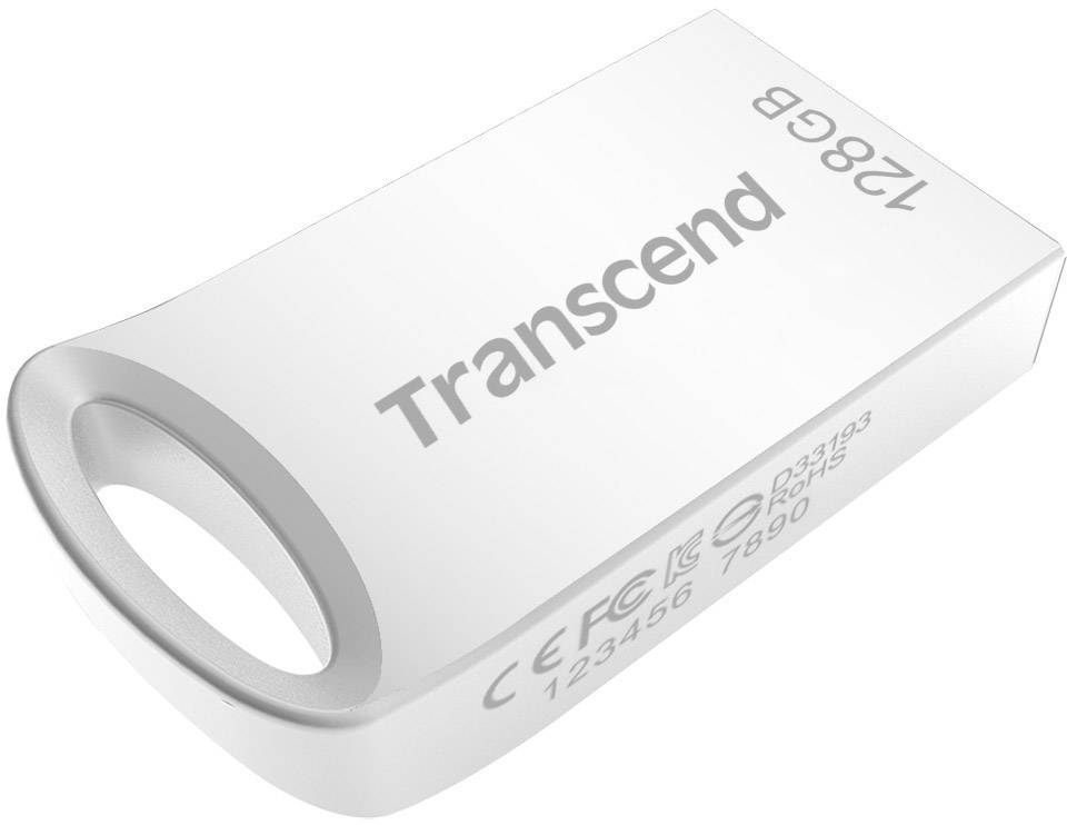 Ein weißer USB-Stick mit der Aufschrift 'Transcend' und einer Speicherkapazität von 128 GB. Ein Ring am Ende erleichtert das Halten.