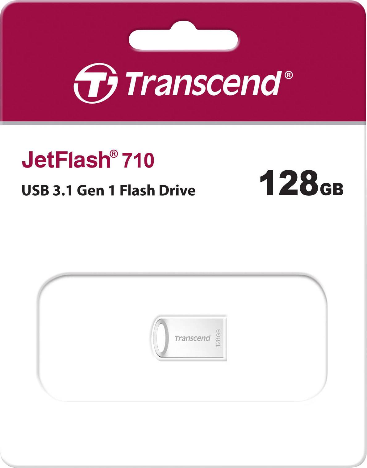 'Transcend JetFlash 710' USB-Stick in Verpackung, 128 GB Speicher, USB 3.1 Gen 1 kompatibel, roter Hintergrund mit weißem Text.