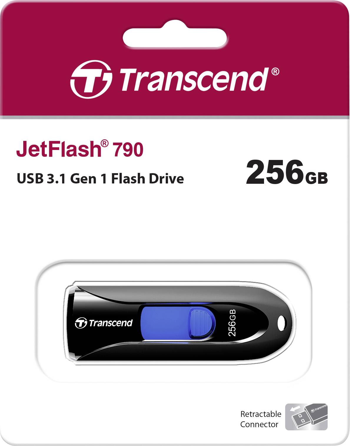 Verpackung eines Transcend JetFlash 790, 256GB USB 3.1 Gen 1 Flash-Laufwerks, schwarze Hülle mit blauem Schiebemechanismus.