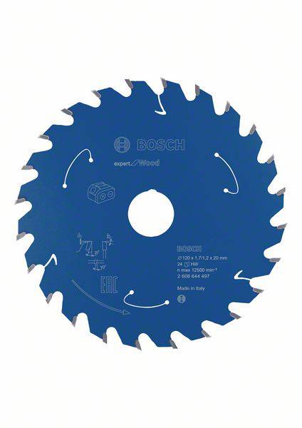 Blaues Sägeblatt mit Zähnen, Marke 'Bosch', Modell 'expert for wood'. Hergestellt in Italien. Geeignet für Holzarbeiten.