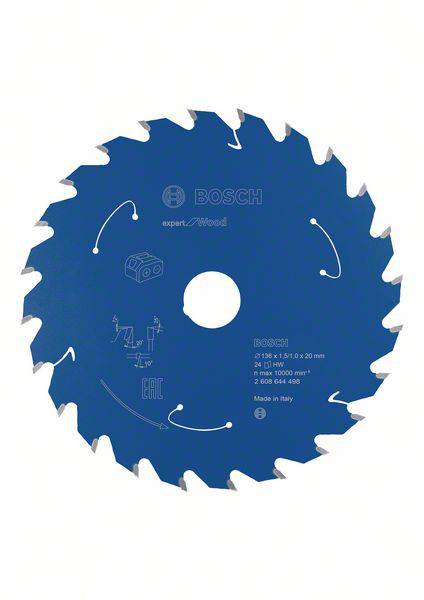 Kreissägeblatt von Bosch, blau, für Holz. Zeigt Symbole und Spezifikationen: 216x30 mm, 24 Zähne, 7000 U/min, Made in Italy.