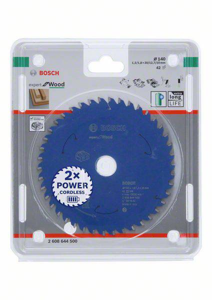 Bosch Kreissägeblatt Expert for Wood, Ø 140 mm, 42 Zähne, 2x Power Cordless, für Holzarbeiten. Verpackung zeigt Produktbild und Logos.