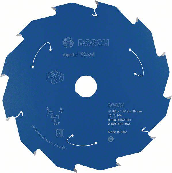 Blaues Kreissägeblatt für Holz, Marke 'Bosch', mit Pfeilen zur Rotationsrichtung. Hergestellt in Italien, technische Spezifikationen aufgedruckt.