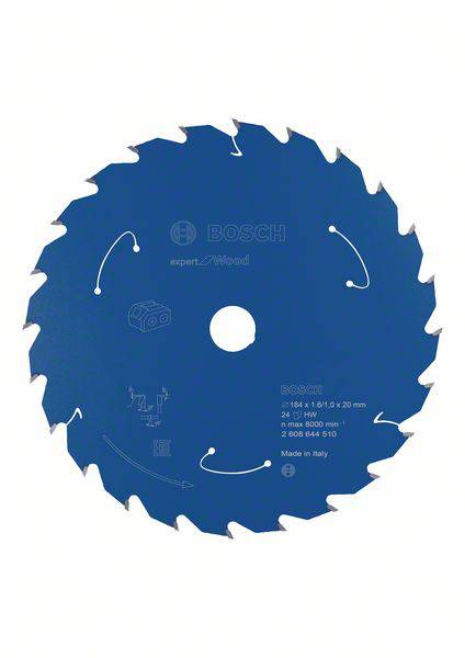 Blaue Bosch Kreissägeblatt, geeignet für Holz. Durchmesser: 216 mm, 24 Zähne. Markierungen für Sägerichtung und technische Details.