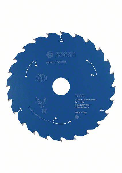 Blaues Sägeblatt von Bosch mit Aufschrift 'Expert for Wood', 24 Zähne, 210 mm Durchmesser, geeignet für Holzschnitte, hergestellt in Italien.