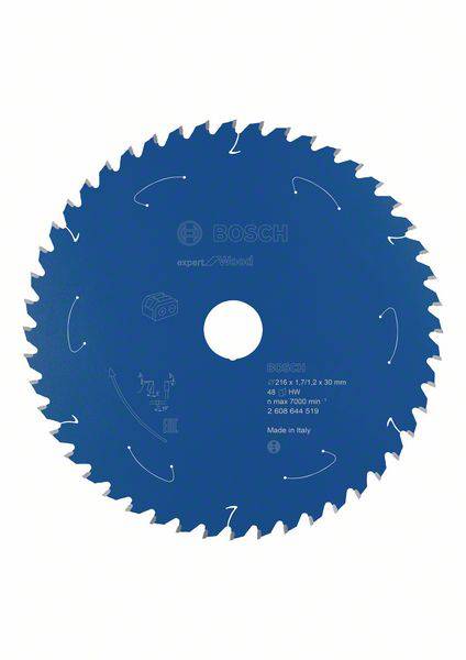 Bosch Kreissägeblatt für Holz, blauer Stahl mit scharfen Zähnen, Durchmesser 216 mm, für präzise Schnitte bei hoher Drehzahl.