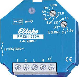 Blaues Relais mit der Aufschrift 'Eltako FMZ61-230V L-N 230V~', Drehschalter und Anschlüssen. Geeignet für 10A/250V.