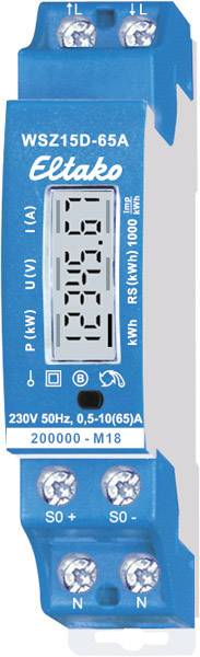 Das Bild zeigt einen blauen digitalen Zähler von Eltako, Modell WSZ15D-65A, zur Messung von Stromverbrauch, 230V, 50Hz, 5-10(65)A.
