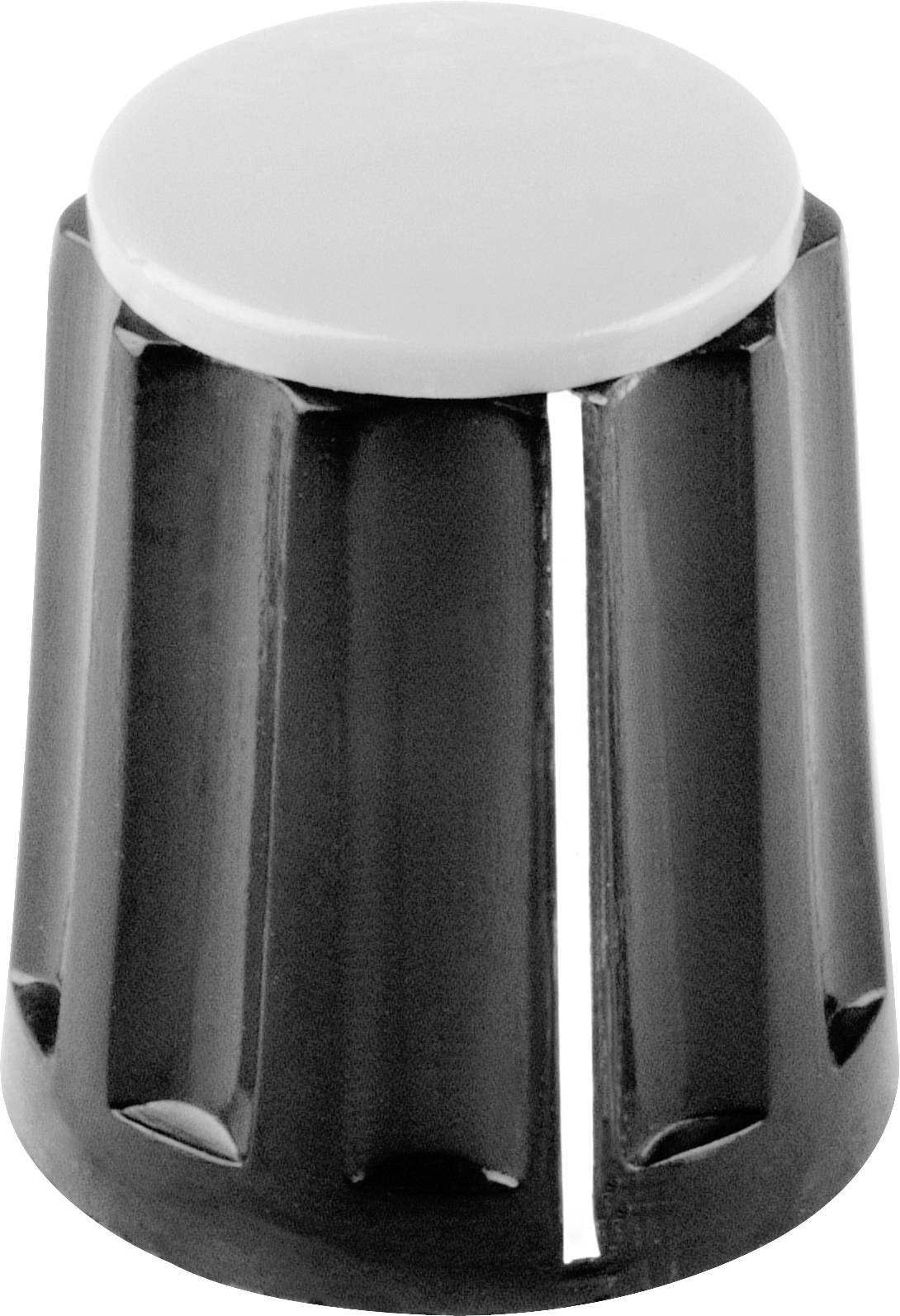 Ein schwarzer, geriffelter Drehknopf mit einer weißen Oberseite. Eignet sich zur Steuerung und Einstellung von Geräten oder Instrumenten.
