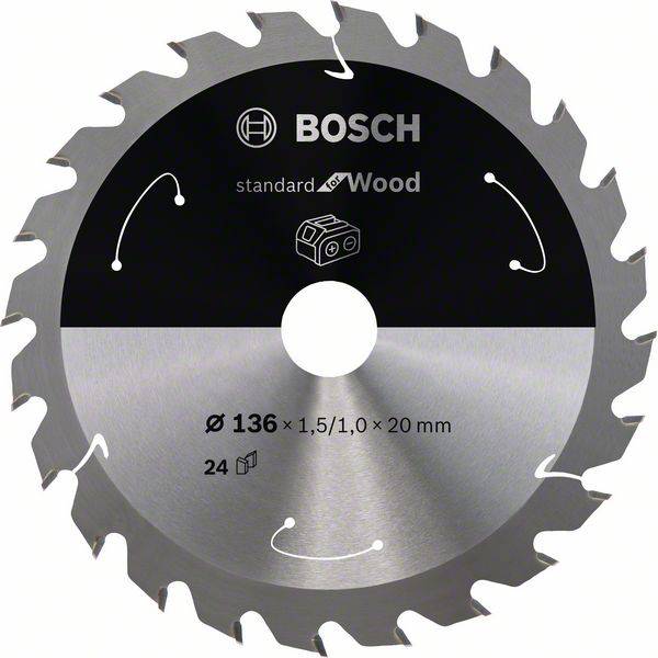 Kreissägeblatt mit 24 Zähnen, geeignet für Holz. Enthält die Aufschrift 'Bosch' sowie Maße: Ø 136 mm, 1,5/1,0 x 20 mm.