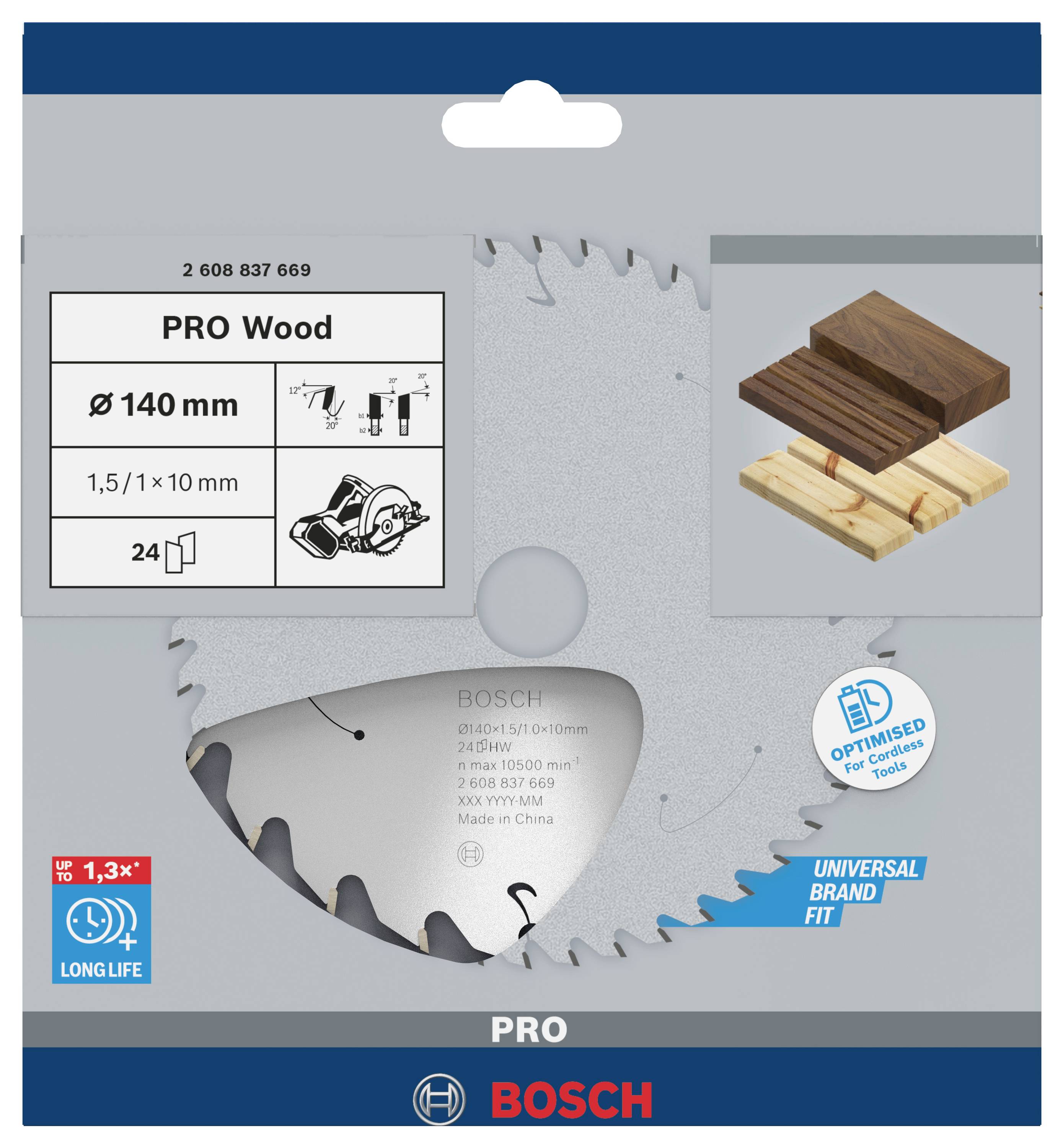 Kreissägeblatt für Holz, Durchmesser 140 mm, 24 Zähne, geeignet für Holzarbeiten. Verpackung zeigt kompatible Materialien. Markenname 'Bosch'.