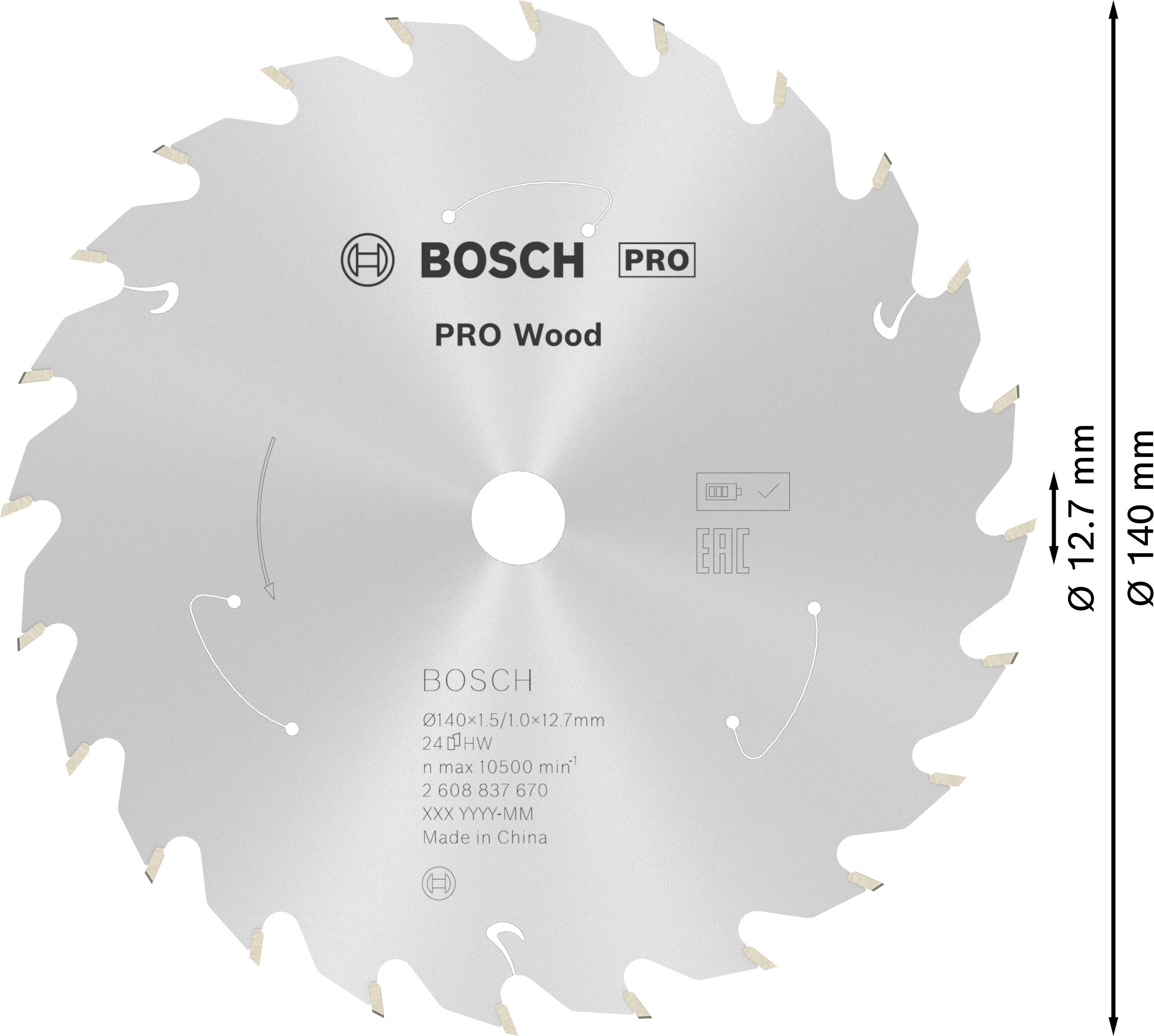 Sägeblatt mit 24 Zähnen. Marke Bosch, Modell PRO Wood, hergestellt in China. Durchmesser 140 mm, Bohrungsdurchmesser 12,7 mm.