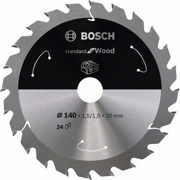 Kreissägeblatt von Bosch für Holz, Durchmesser 140 mm, 24 Zähne. Geeignet für präzises Schneiden, klare Kennzeichnungen.