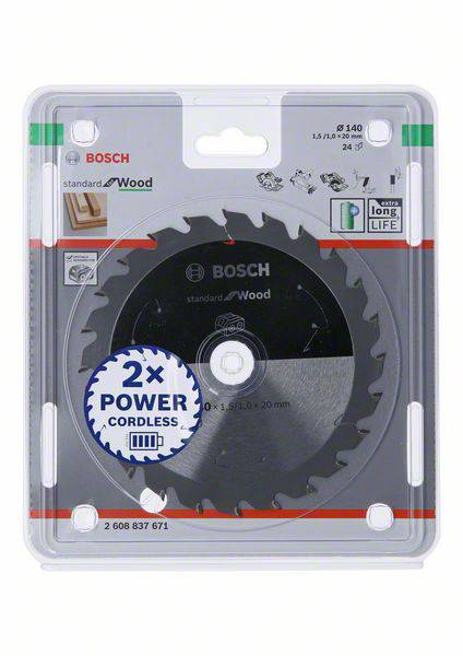 Bosch Kreissägeblatt für Holz, Ø140 mm, 24 Zähne, geeignet für kabellose Sägen. Hinweis auf lange Lebensdauer und Power.
