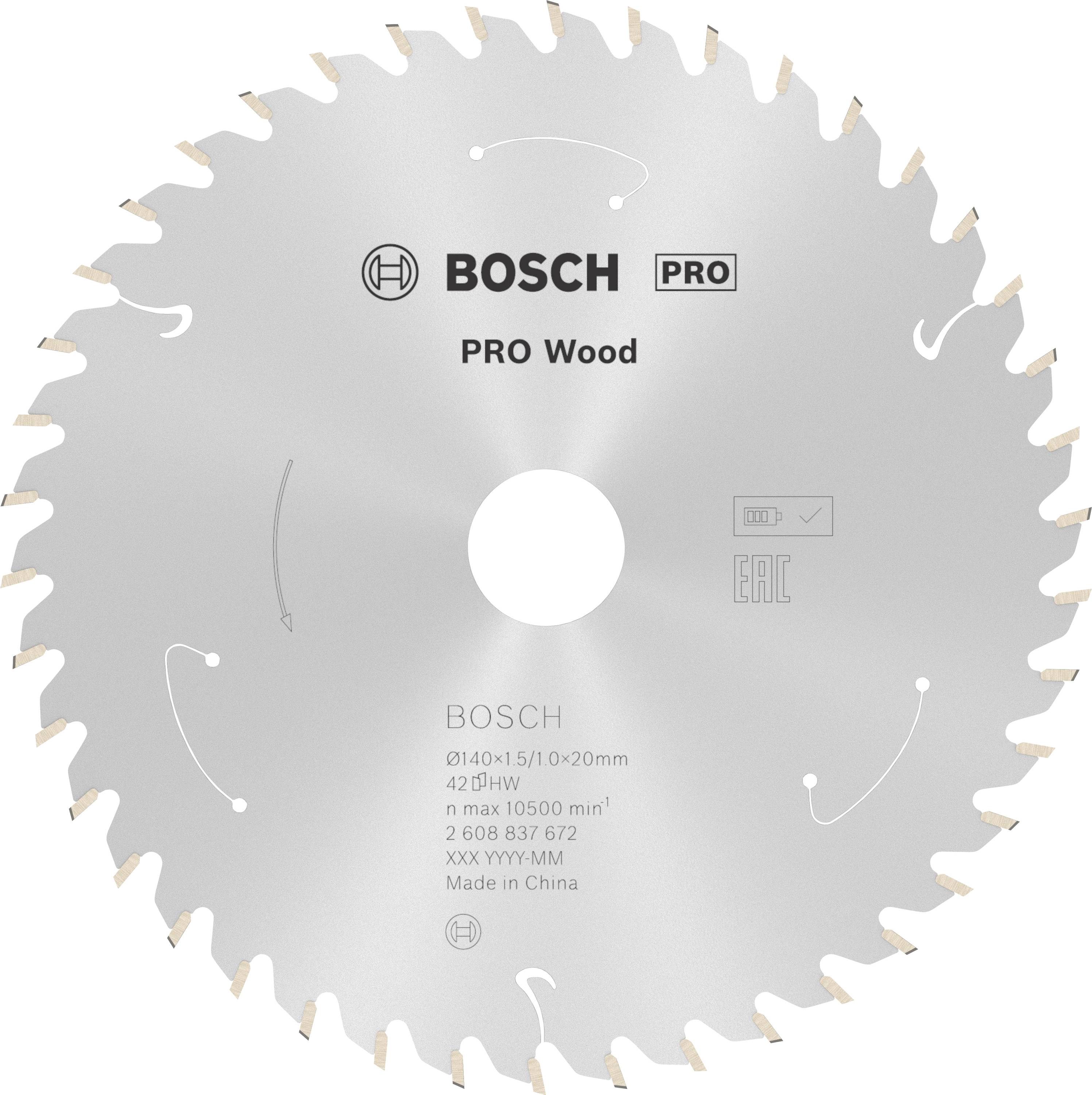 Kreissägeblatt mit 40 Zähnen, Marke 'Bosch Pro Wood'. Geeignet für Holz, Durchmesser 210 mm, Bohrung 20 mm, gefertigt in China.