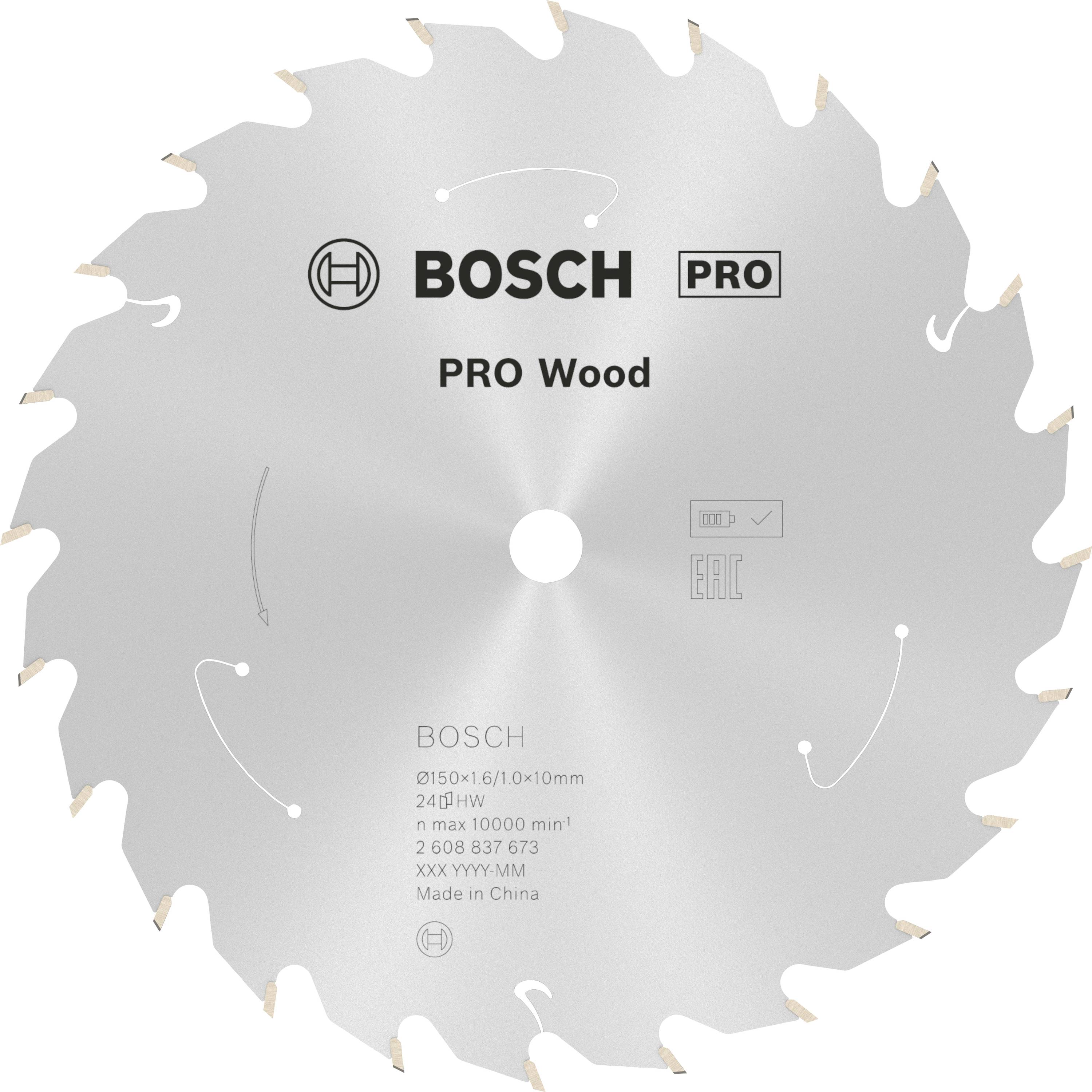 Kreissägeblatt mit Aufschrift 'BOSCH PRO Wood' und technischen Spezifikationen: 150x1.6x10mm, 24 Zähne, max. 10.000 U/min.