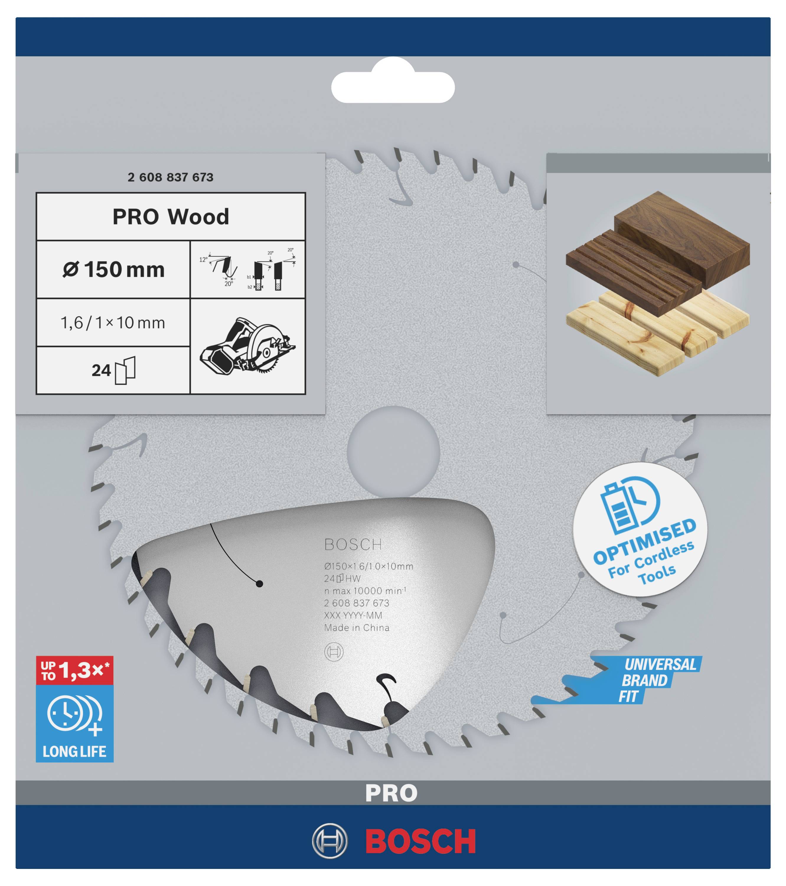 Verpackung einer Bosch Pro Wood Kreissäge mit 150 mm Durchmesser für kabellose Werkzeuge, optimiert für Holzmaterialien, mit 24 Zähnen.