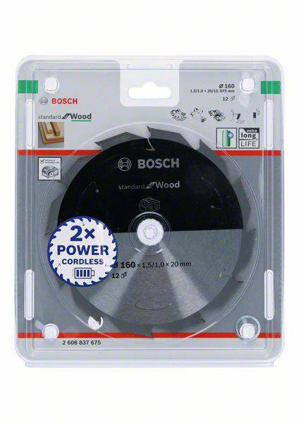 Sägeblatt Bosch Standard for Wood, ø160 mm, 12 Zähne, Schnittbreite 1,5 mm, Bohrung 20 mm, geeignet für Akku-Sägen, Verpackung.
