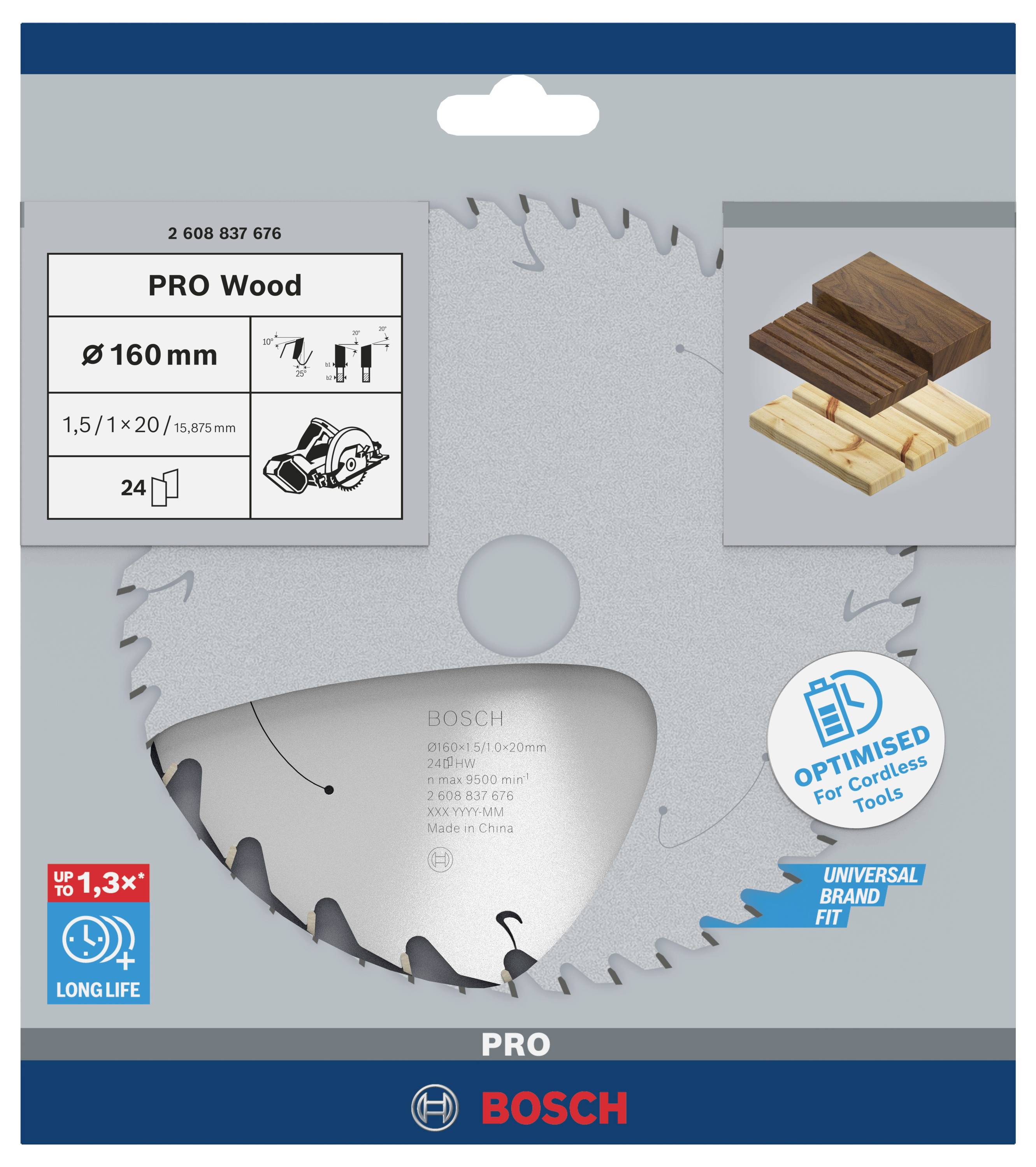 Sägeblatt für Holzarbeiten, Durchmesser 160 mm, 24 Zähne, auf Verpackung mit Holzschnitt-Diagramm, optimiert für kabellose Werkzeuge.
