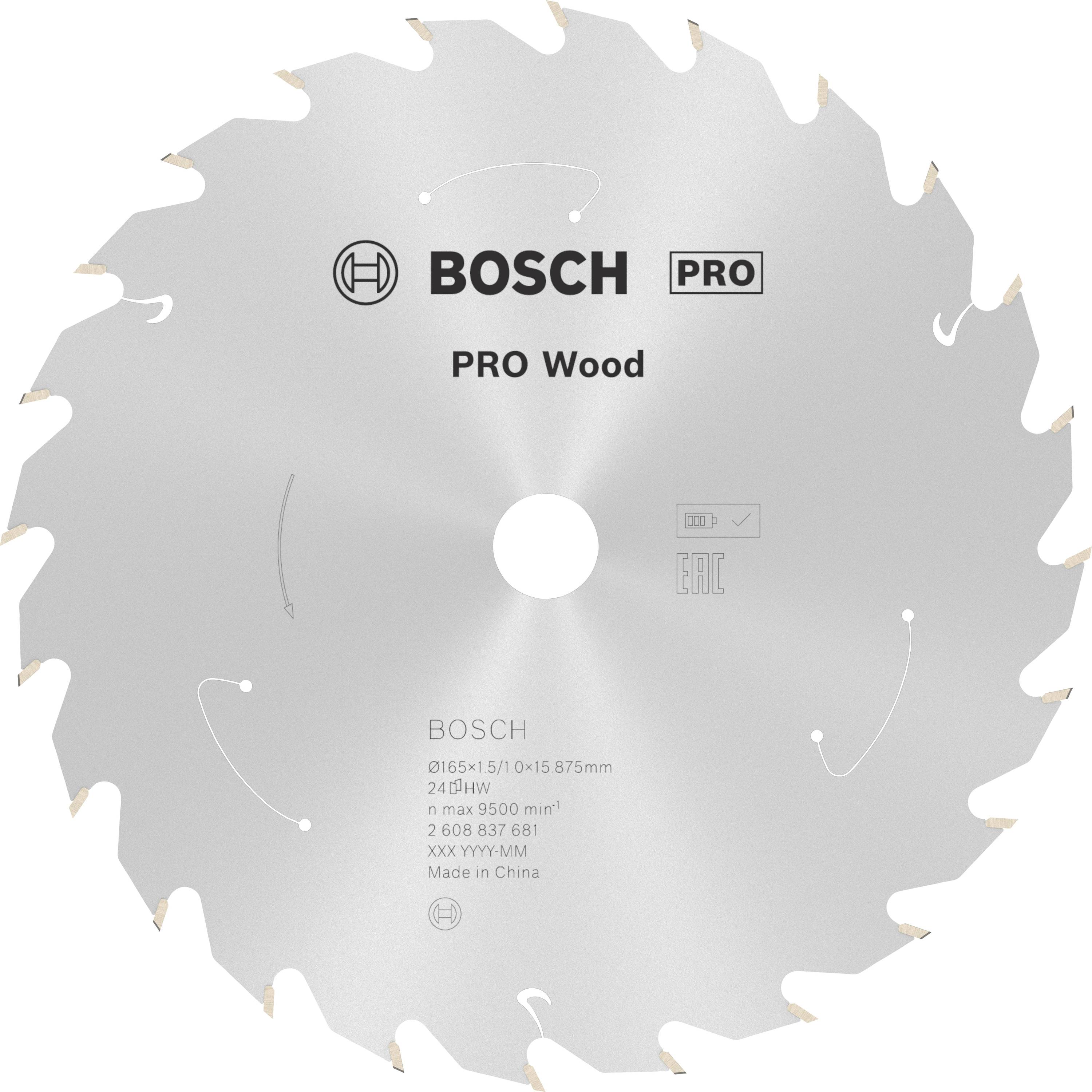 Kreissägeblatt, silbern, mit Bosch-Logo. Beschriftung 'PRO Wood', geeignet für Holzarbeiten.