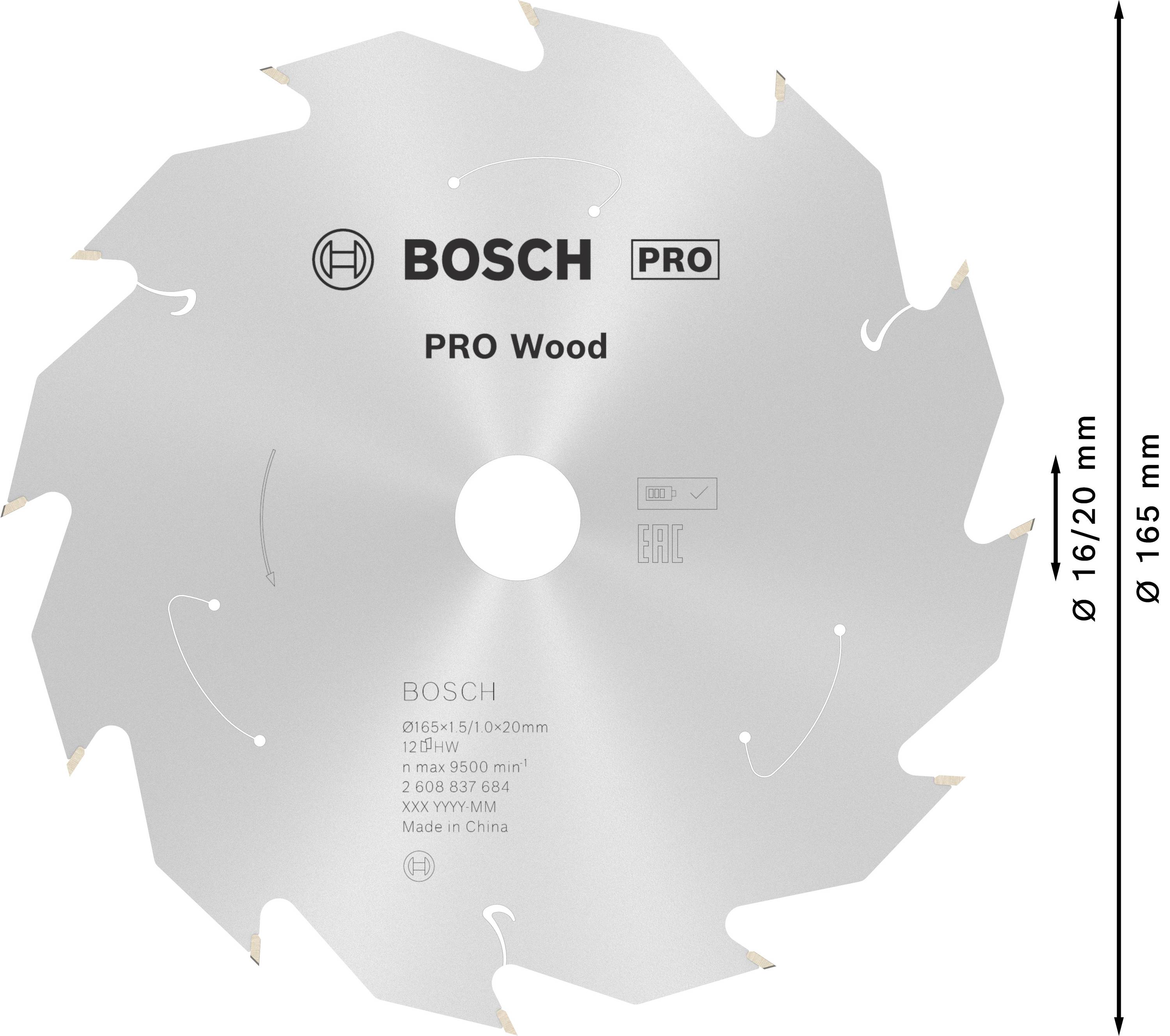 Kreissägeblatt für Holzarbeiten von Bosch, Durchmesser 165 mm. Silberfarben mit gezackter Kante und Ø 16/20 mm Bohrung.