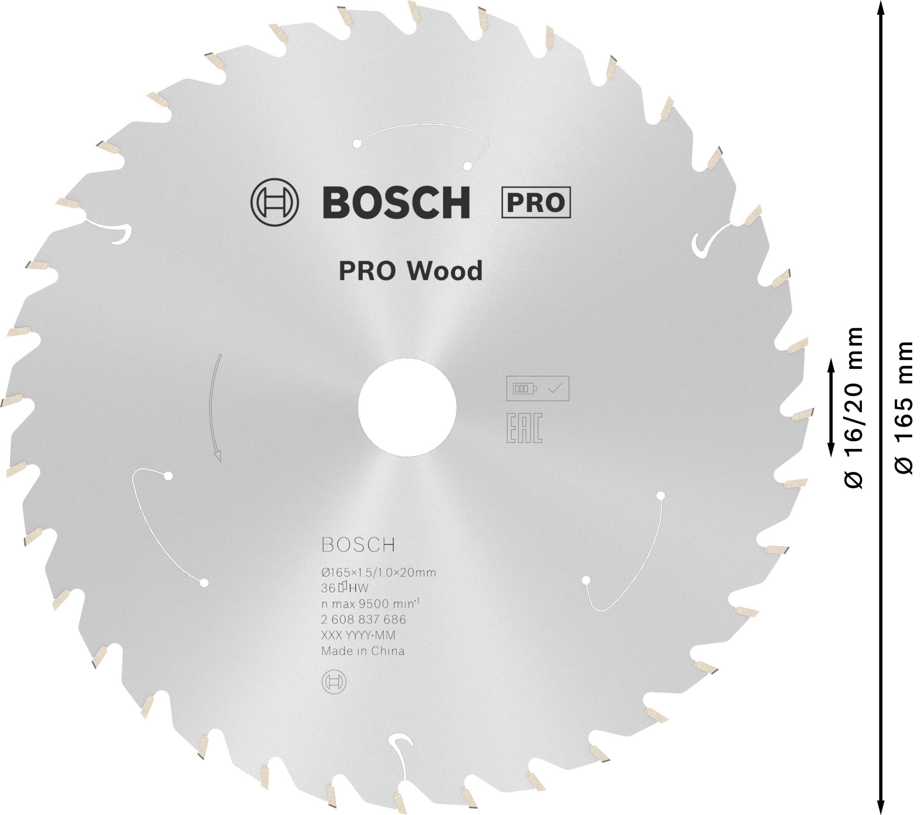 Kreissägeblatt von Bosch für Holz, Durchmesser 165 mm, Bohrung 16/20 mm, 48 Zähne, geeignet für saubere Schnitte in Holzmaterien.