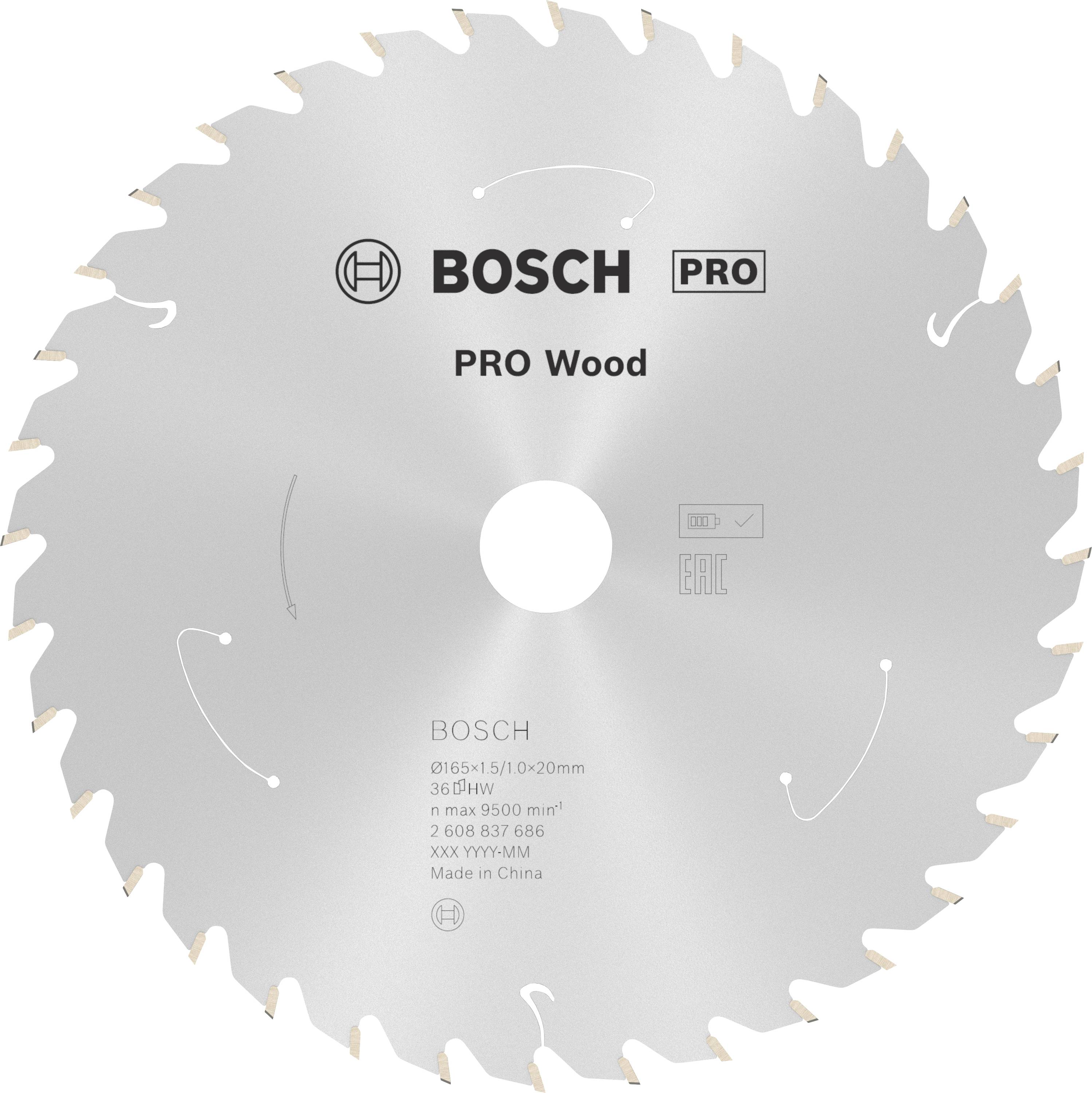 Sägeblatt für Holz von Bosch mit 36 Zähnen, maximal 9500 U/min, Durchmesser 160 mm, 1,5 mm dick, silberfarben.