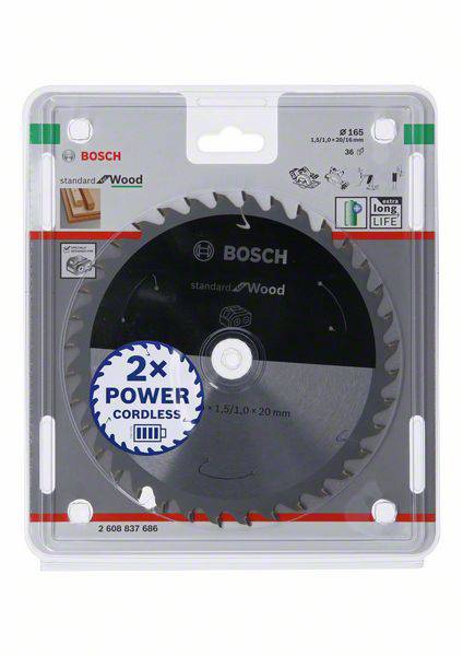 Kreissägeblatt für Holz in Originalverpackung. '2x Power Cordless' steht auf der Packung. Marke: Bosch. 36 Zähne, 160 mm Durchmesser.