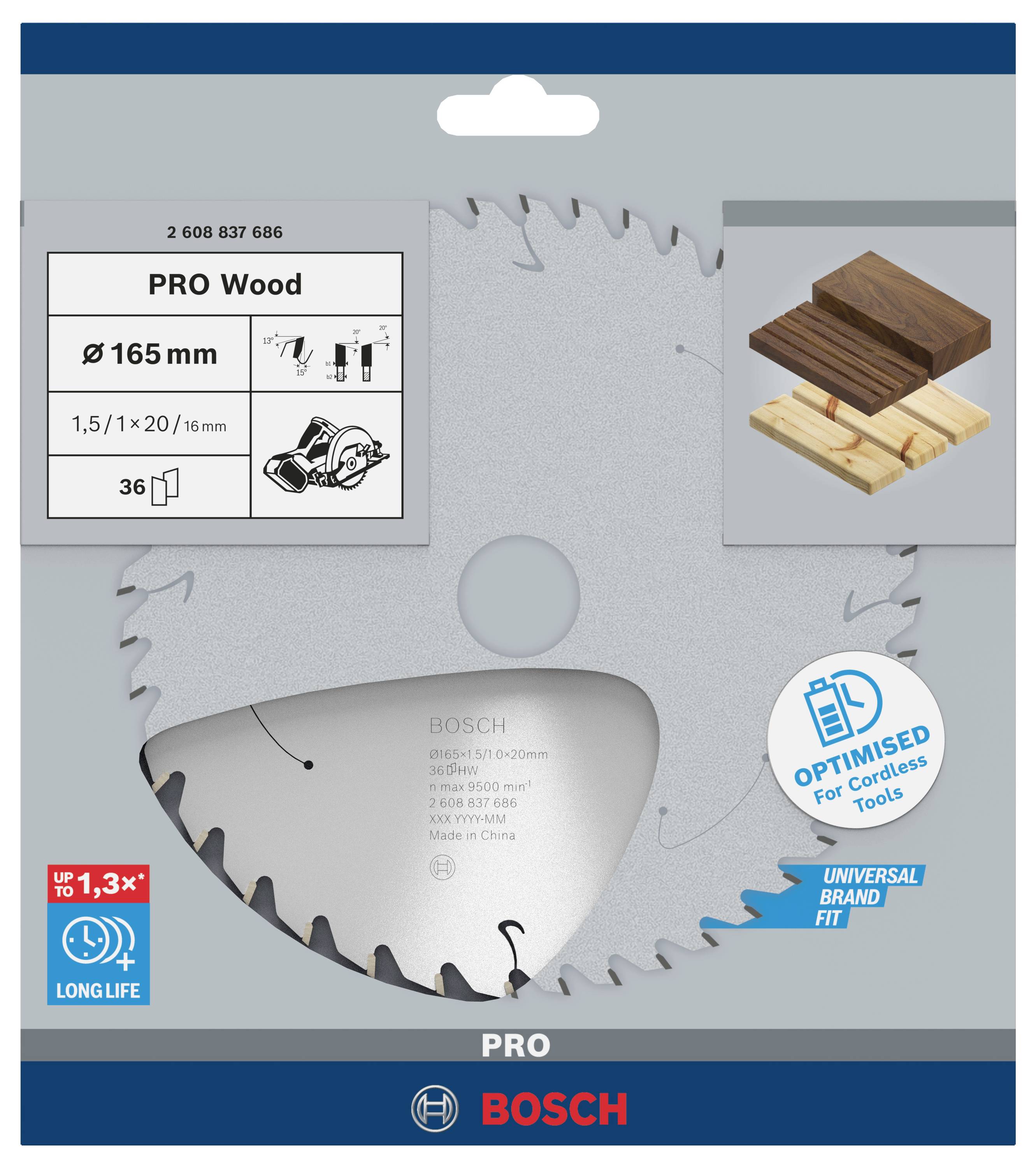 Bosch Kreissägeblatt für Holz mit 165 mm Durchmesser, optimiert für kabellose Werkzeuge. Geeignet für verschiedene Holzarten.