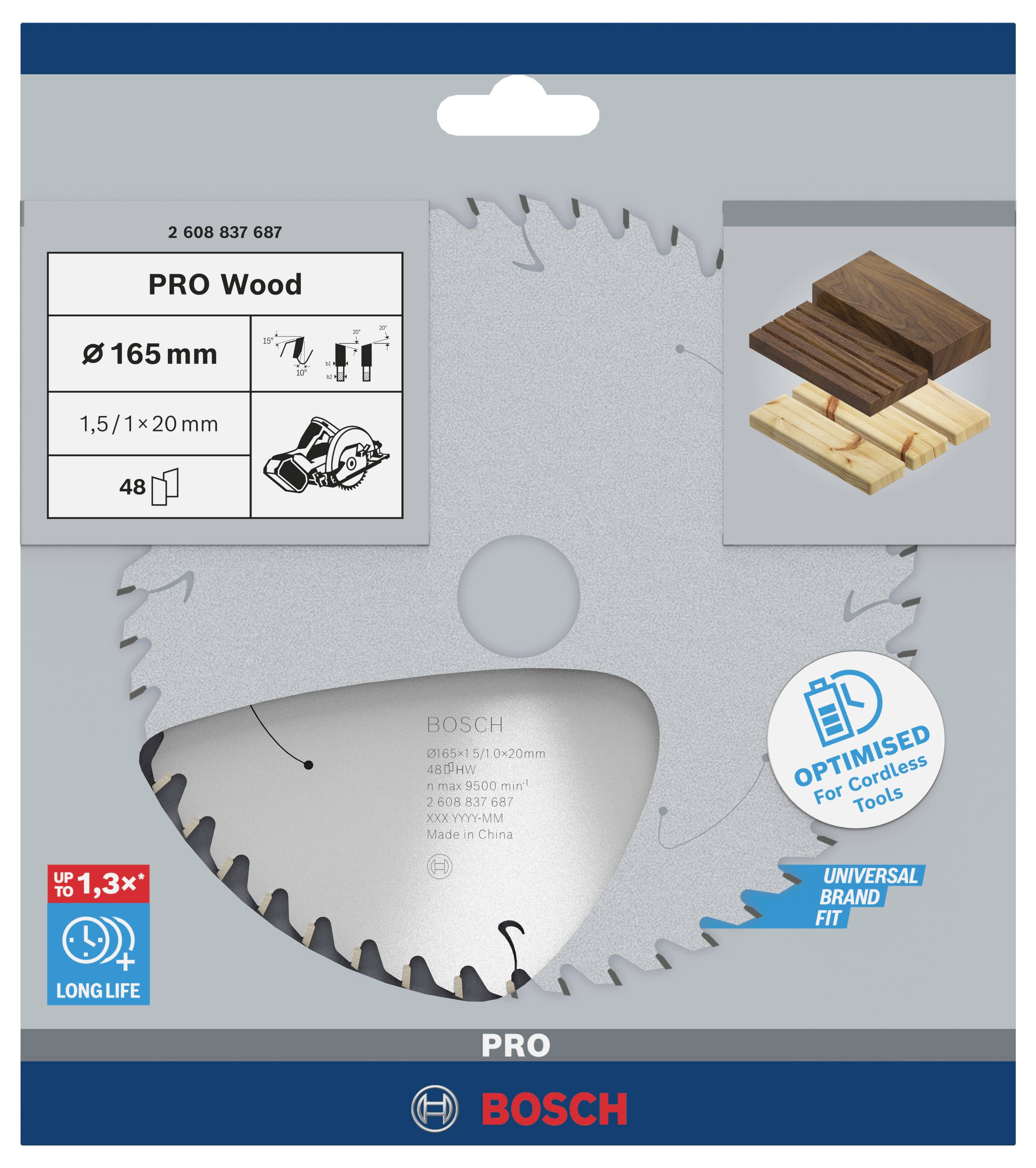 Bosch Accessories 2608837687 Hartmetall Kreissägeblatt 165 x 20mm Zähneanzahl: 48 1St.