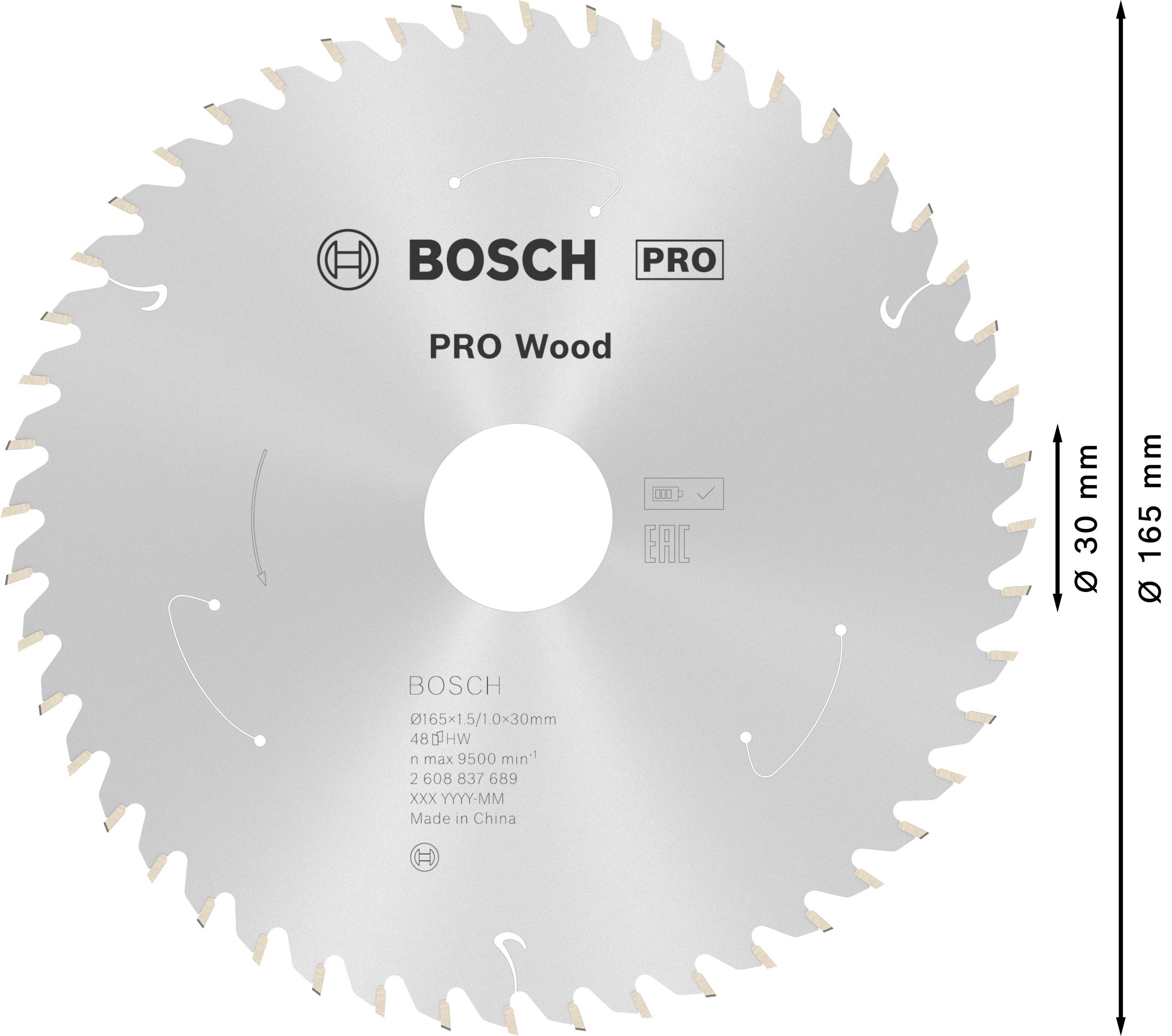 Kreissägeblatt mit der Aufschrift 'BOSCH PRO Wood', Durchmesser 165 mm, Bohrung 30 mm. Geeignet für Holzschnitte, max. 9500 U/min.