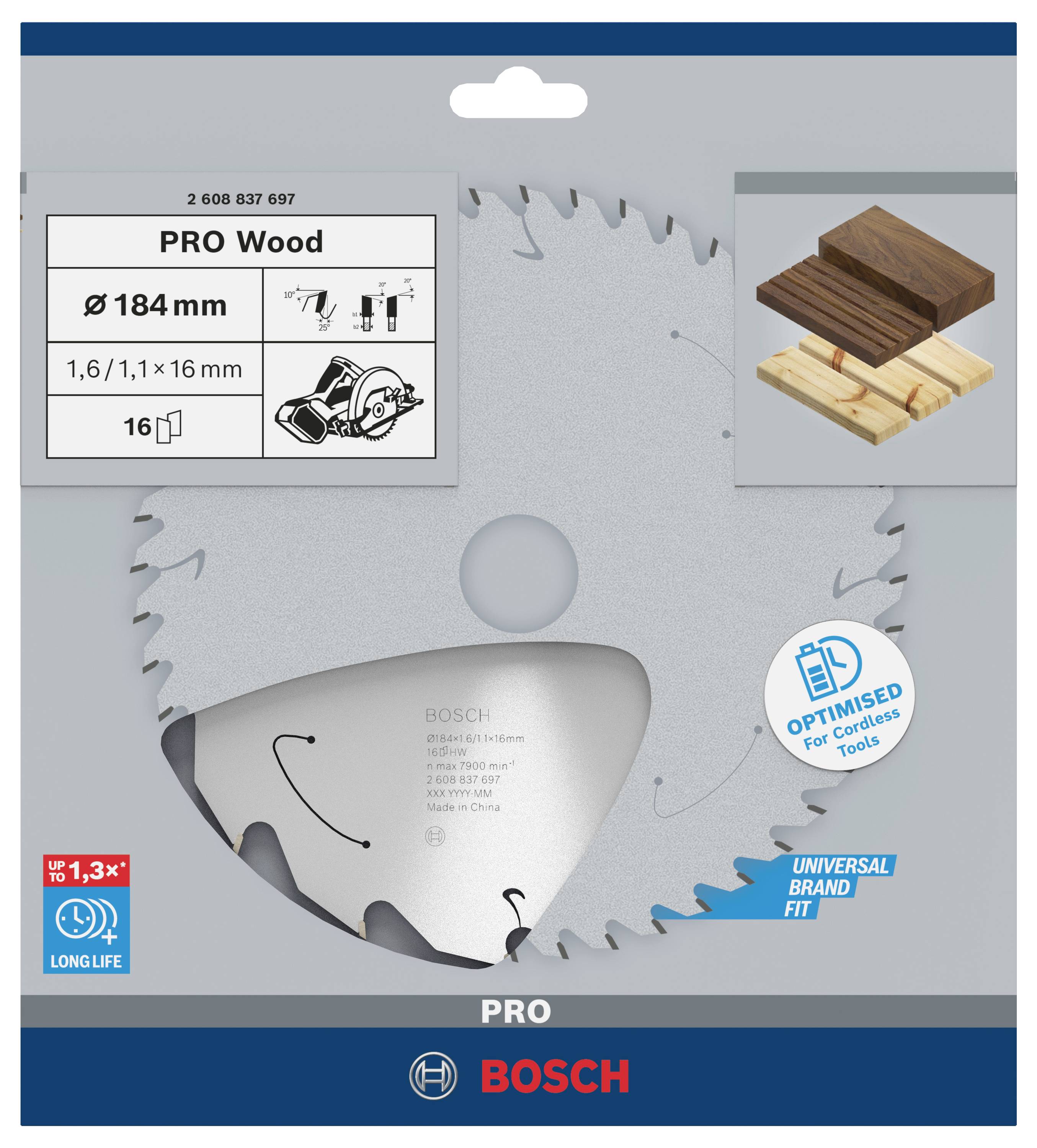 Kreissägeblatt für Holz in Verpackung, geeignet für kabellose Werkzeuge, Durchmesser 184 mm, optimiert für längere Lebensdauer.